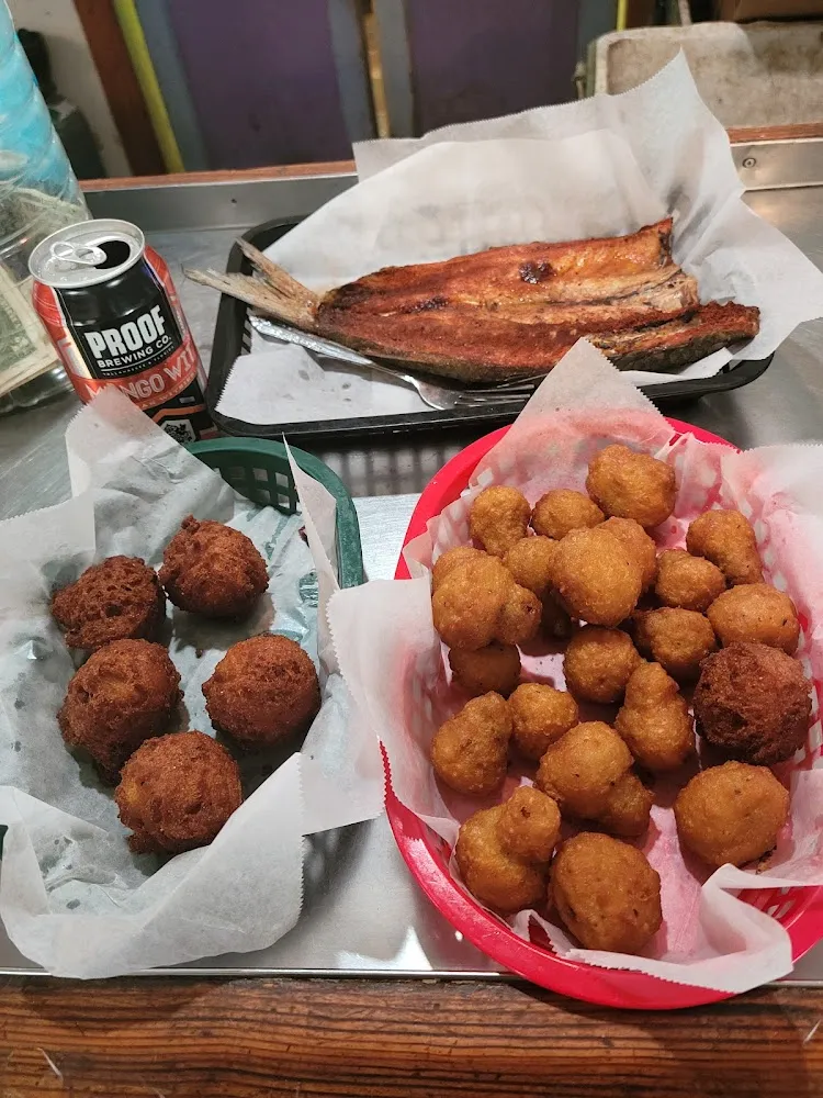 Medium Smoked Mullet Local Caught Smoked in House Homemade Hushpuppies Beer Battered Mushrooms